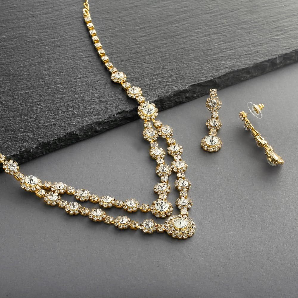 Mariell Gold Two-Row Rhinestone Crystal Necklace and Earrings Set - Prom, Brides and Bridesmaids Jewelry - Image 6